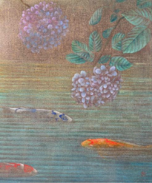 「紫陽花と鯉図」張媛媛