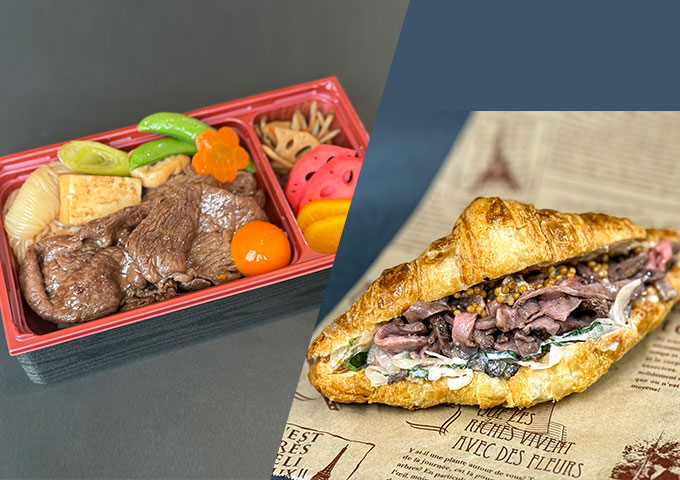 〈肉幸房 樹〉①神戸ビーフすき焼き重/②神戸ビーフローストビーフサンド