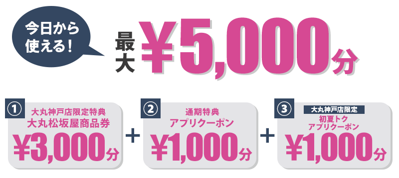 期間中、大丸松坂屋カードに新規ご入会いただくと、今日から使える！最大￥5,000分プレゼント。
①大丸商品券&yen;3,000分＋②アプリクーポン&yen;1,000(&yen;500&times;2枚)＋③【大丸神戸店限定】初夏トク アプリクーポン&yen;1,000分(&yen;500&times;2枚)
