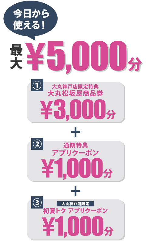 期間中、大丸松坂屋カードに新規ご入会いただくと、今日から使える!最大¥5,000分プレゼント。
①大丸商品券¥3,000分+②アプリクーポン¥1,000(¥500×2枚)+③【大丸神戸店限定】初夏トク アプリクーポン¥1,000分(¥500×2枚)