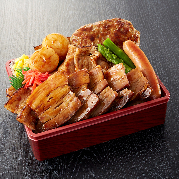 網焼き十勝豚・ハンバーグ・トロトロ角煮・道産貝柱のてんこ盛り豚丼