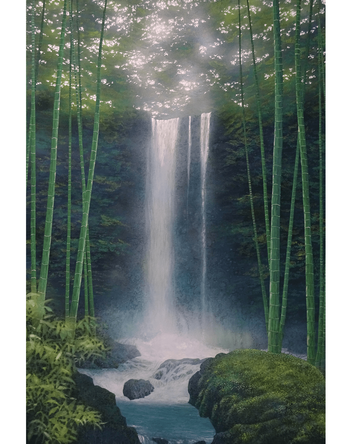 「彩光竹林に滝」