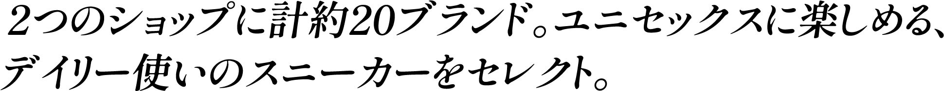 2つのショップに計約20ブランド。ユニセックスに楽しめる、デイリー使いのスニーカーをセレクト。