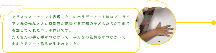 クリスマスモチーフを表現したこのホリデーアートはロブ・ライアン氏の作品と大丸京都店が応援する京都の子どもたちが手形で参加してくれたコラボ作品です。たくさんの手と手がつながって、みんなの気持ちがつながって、心おどるアート作品が生まれました。