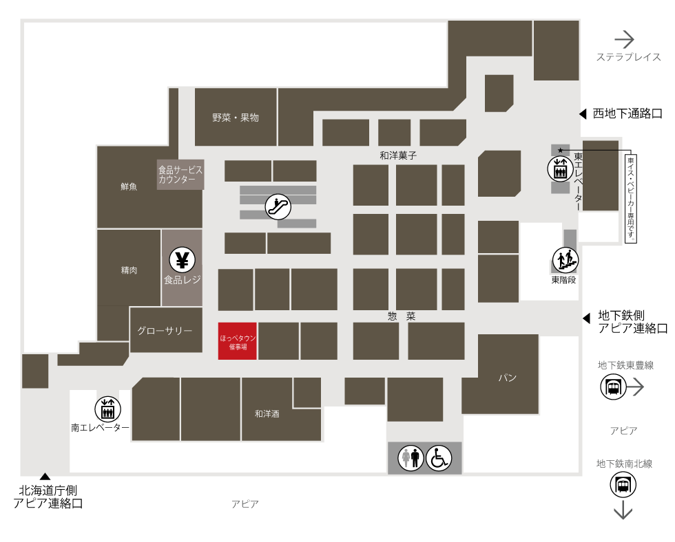 大丸札幌店地1階ほっぺタウン催事場のフロアマップ