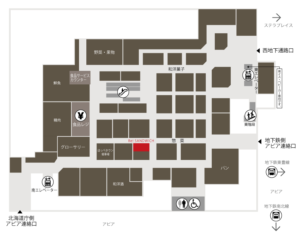 大丸札幌店地1階ほっぺタウンのフロアマップ