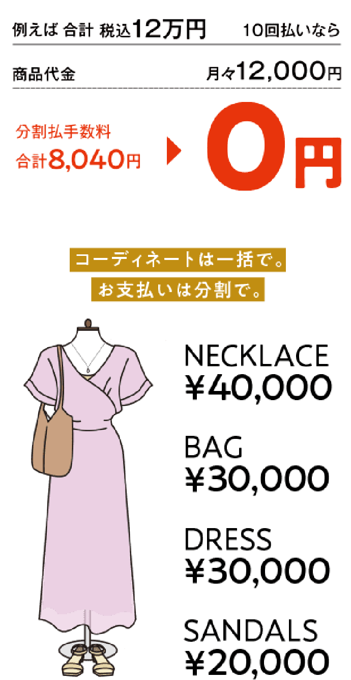 合計120,000円(税込)のお買い物 10回払いの場合 分割手数料8,040円が0円になります。
