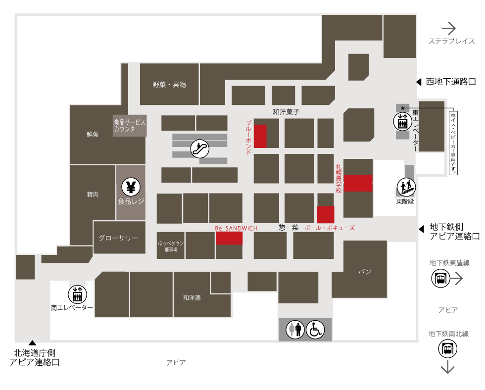 大丸札幌店地1階ほっぺタウンのフロアマップ
