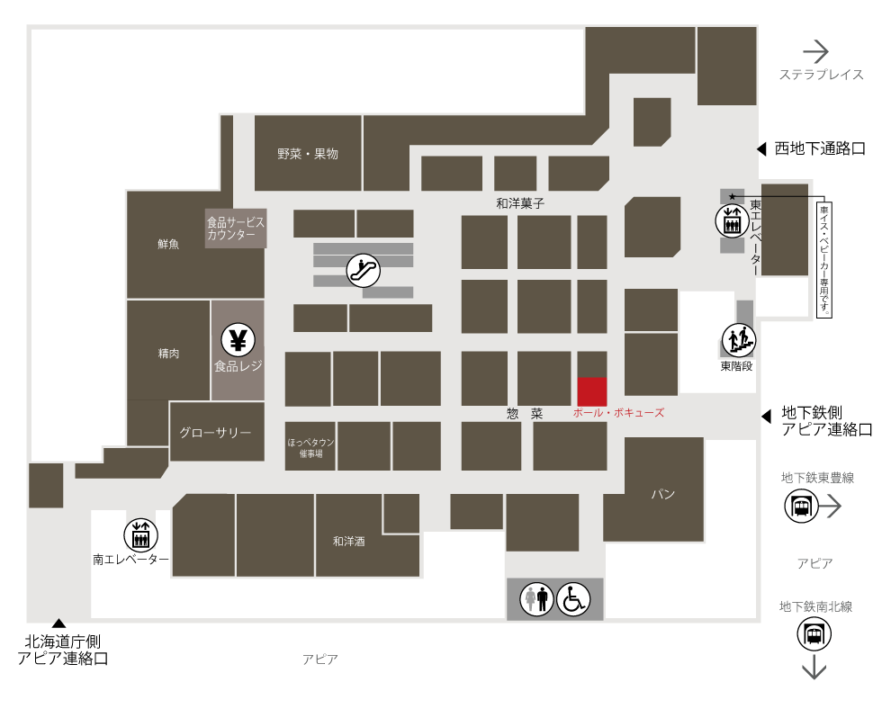 大丸札幌店地1階ほっぺタウンのフロアマップ
