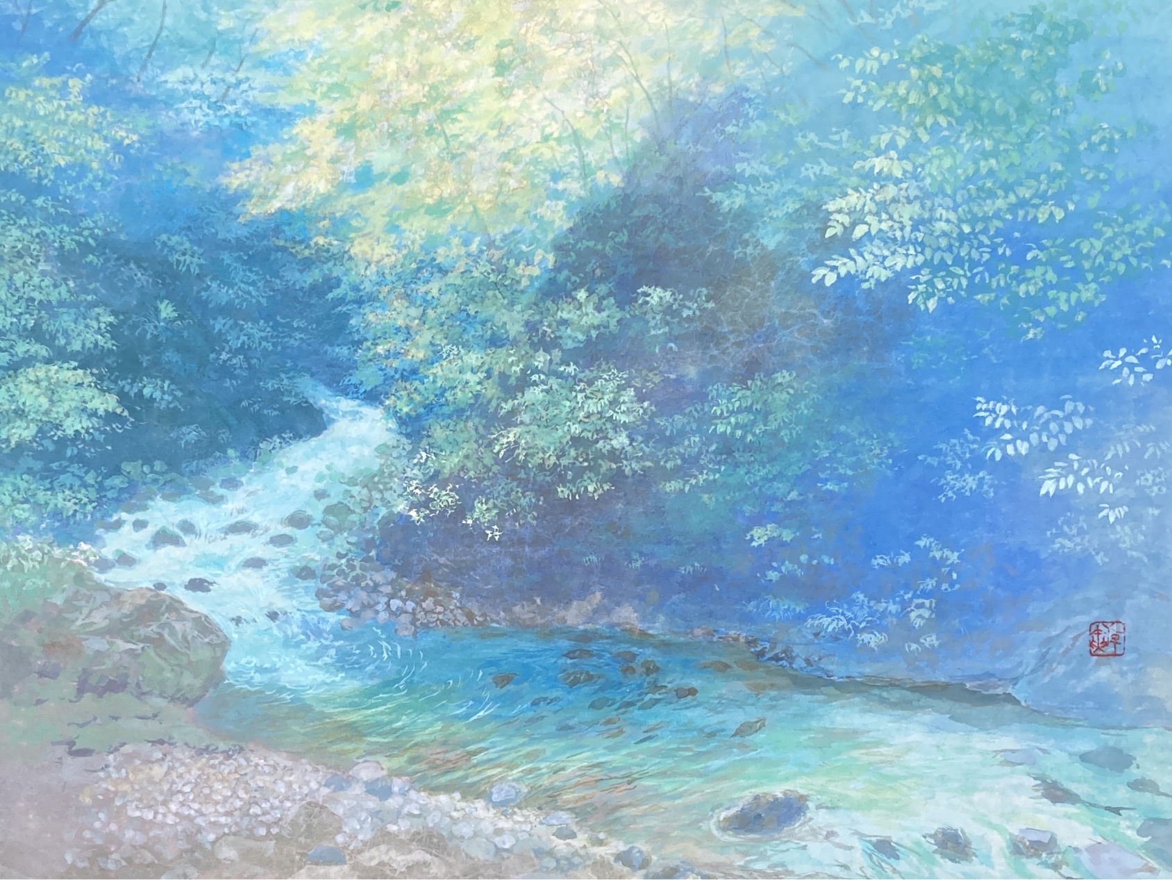 関本麻己子 「清澈」F6号 和紙に岩絵の具の作品画像です。