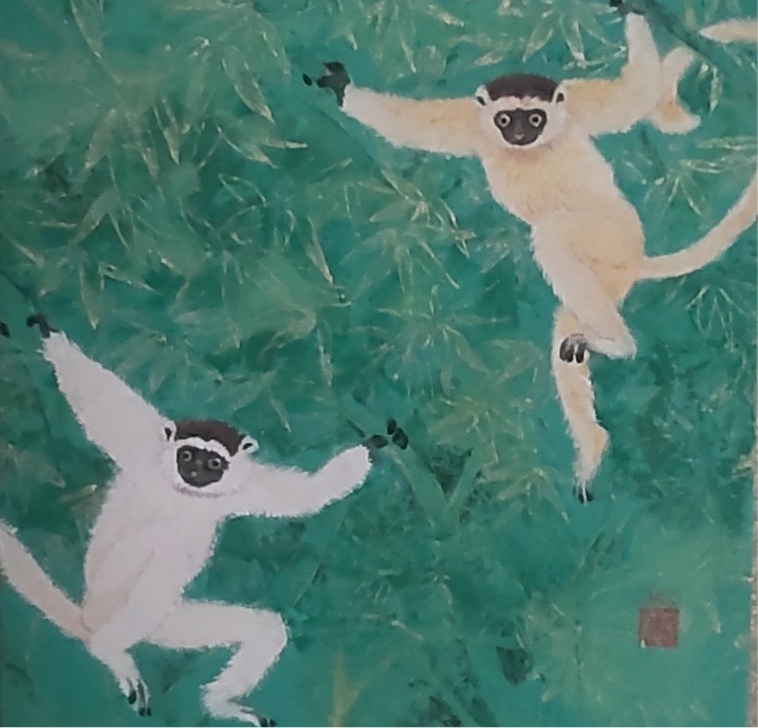 川田恭子「フライングモンキー」20×20㎝ 和紙 岩絵の具の作品画像です。