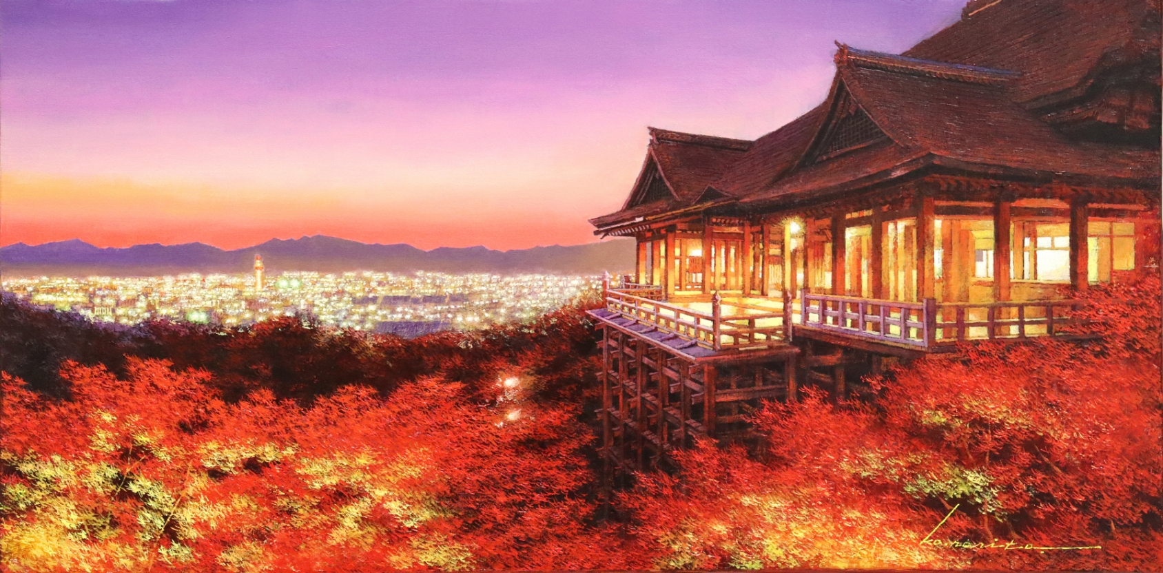 「清水寺紅葉夜景」油彩600×300㎜の作品画像です。