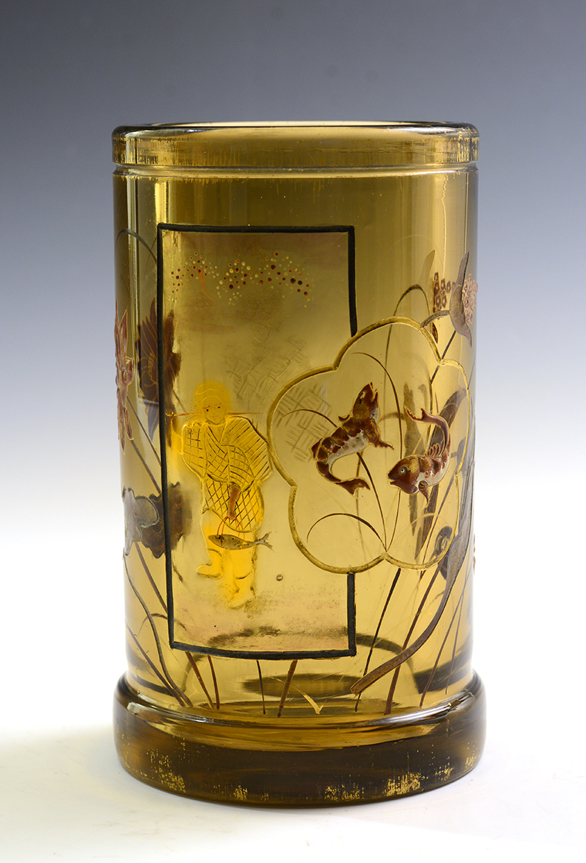 ガレ「鯛に魚売り文エナメル花器」