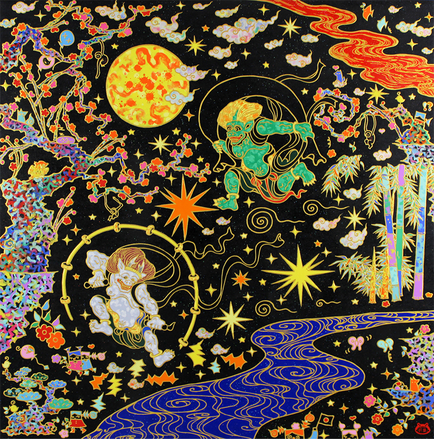 「風神雷神松竹梅図（黒）」