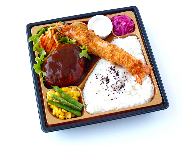 〈たいめいけん〉手ごねグリルドハンバーグ＆天然海老フライ弁当