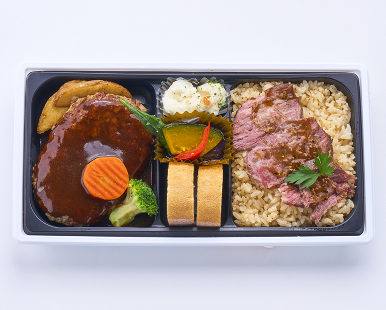 〈イーション〉デミグラスハンバーグ＆牛サガリのガーリックライス御膳