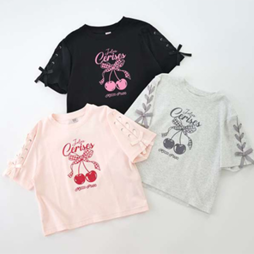 〈メゾピアノ ジュニア〉【接触冷感】袖レースアップリボンチェリーTシャツ