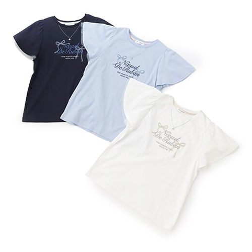 〈ポンポネットジュニア〉ネックレス風刺しゅうフレアスリーブTシャツ